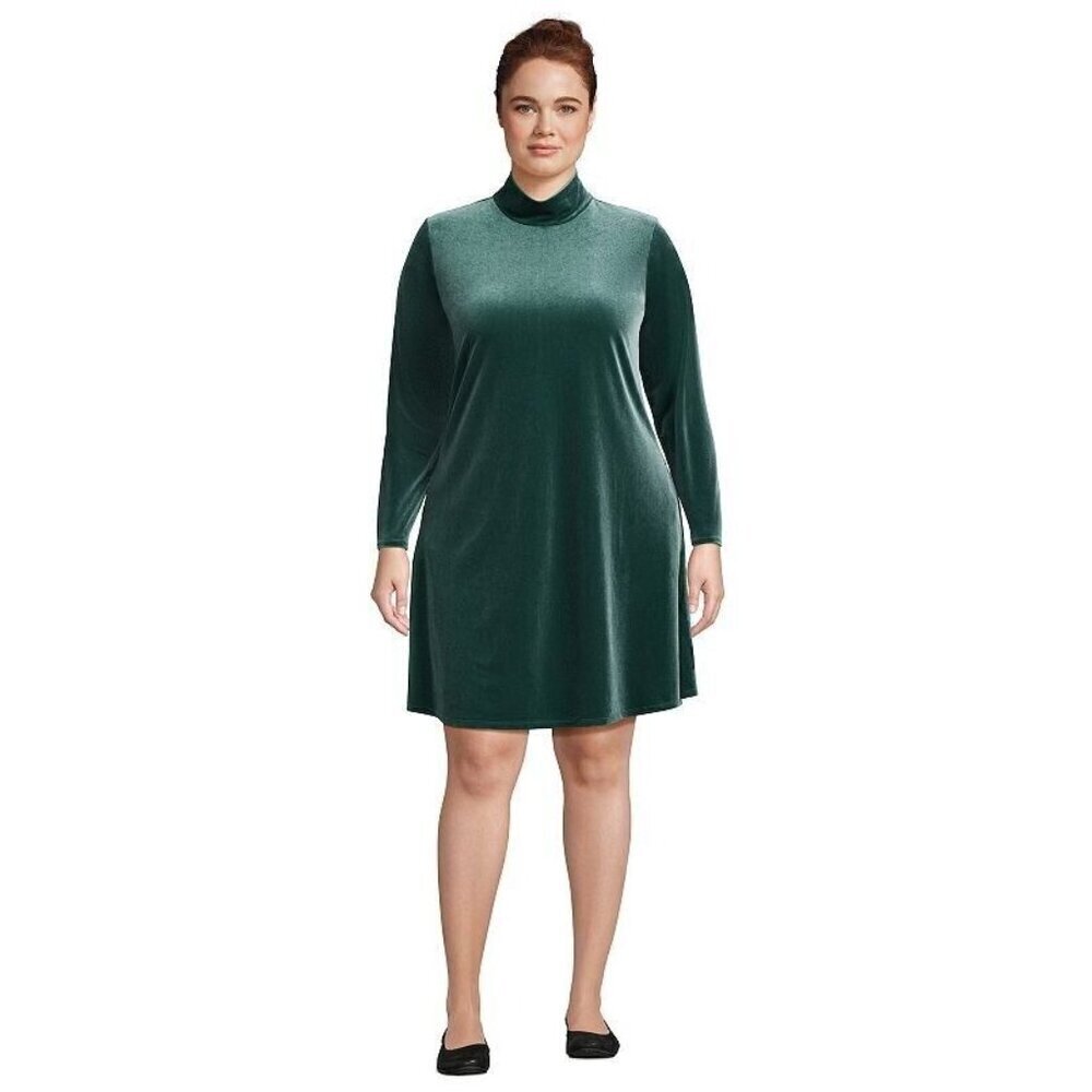 Lands End Green Velvet dress 2X Turtleneck long sleeve knee length stretch EUC